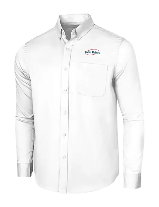 Long Sleeve White Superpro React Twill Shirt w/Total Rehab Logo