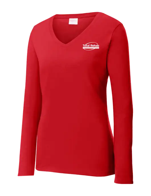 Womens  V-Neck Ring Spun Bright Red 4.5 oz Long Sleeve T-Shirt w/Total Rehab Logo