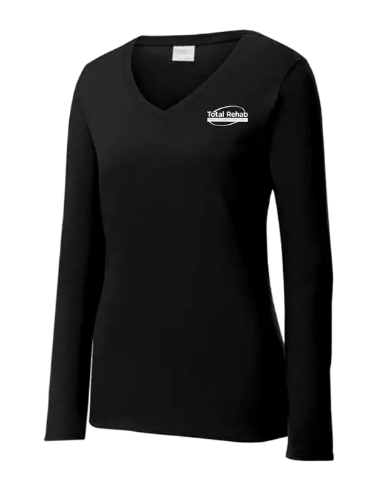Womens V-Neck Ring Spun Jet Black 4.5 oz Long Sleeve T-Shirt w/Total Rehab Logo