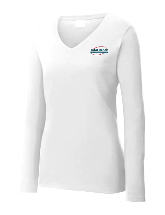 Womens  V-Neck Ring Spun White 4.5 oz Long Sleeve T-Shirt w/Total Rehab Logo