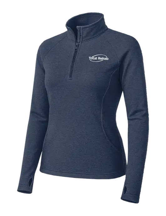 Navy Heather Womens Sport Wick Stretch 1/4 Zip Pullover w/Total Rehab Logo
