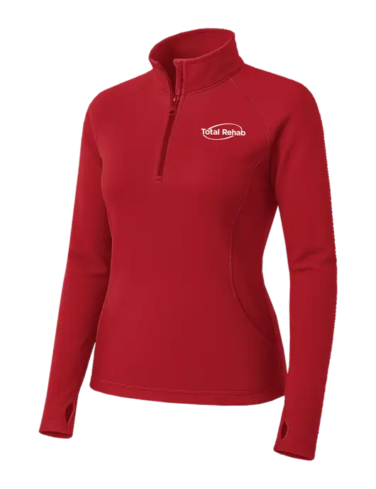 Red Womens Sport Wick Stretch 1/4 Zip Pullover w/Total Rehab Logo
