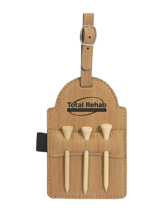 Bamboo Leatherette Golf Bag Tag with 3 Wooden Tees w/Total Rehab Logo