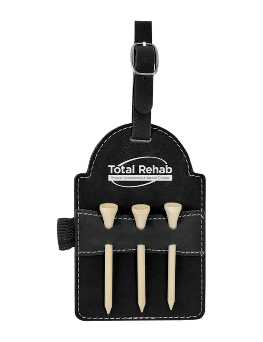 Black Leatherette Golf Bag Tag with 3 Wooden Tees w/Total Rehab Logo