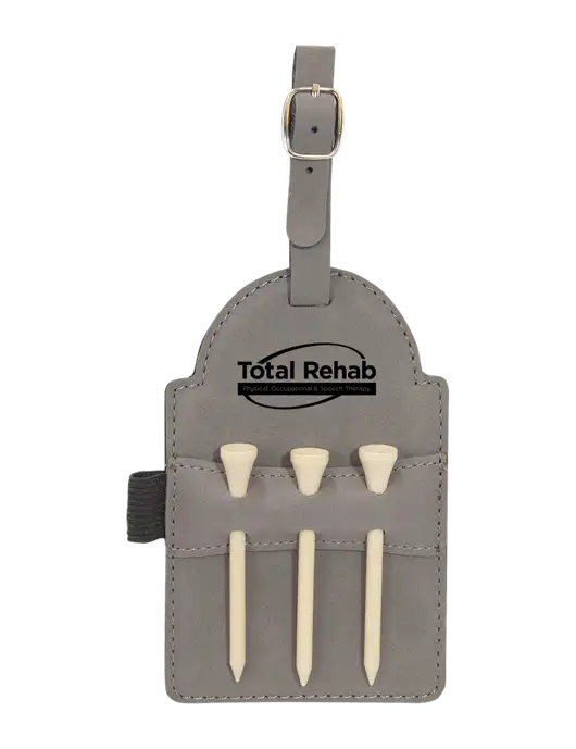 Grey Leatherette Golf Bag Tag with 3 Wooden Tees w/Total Rehab Logo