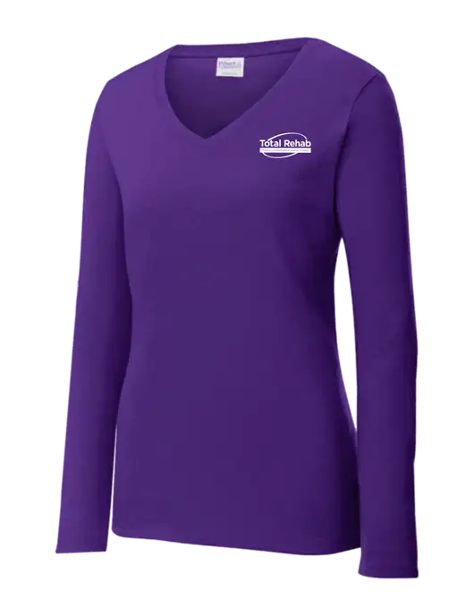 Womens  V-Neck Ring Spun Purple 4.5 oz Long Sleeve T-Shirt w/Total Rehab Logo