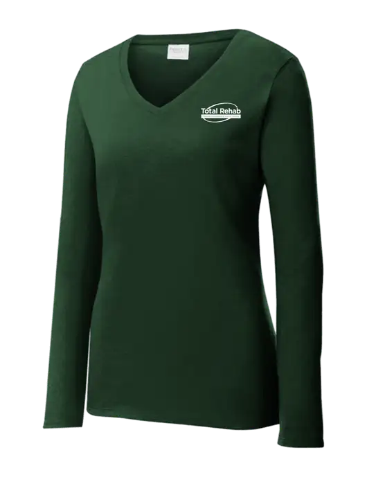 Womens  V-Neck Ring Spun Forest Green 4.5 oz Long Sleeve T-Shirt w/Total Rehab Logo