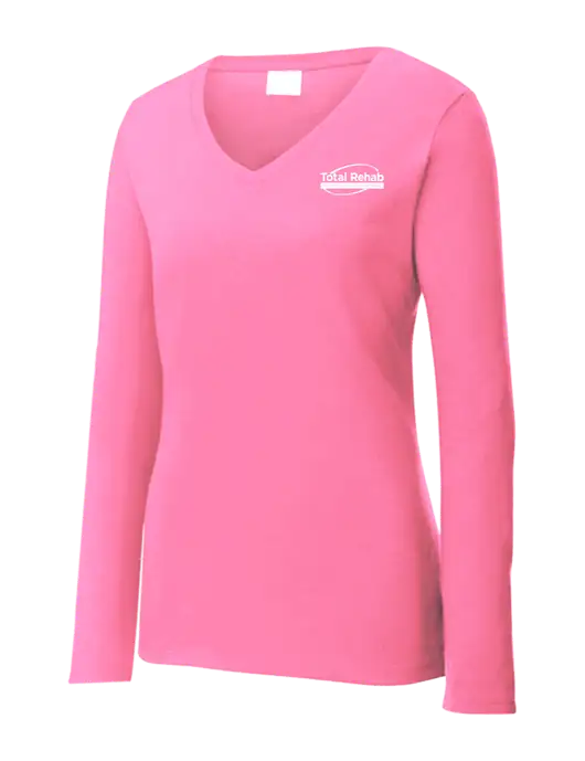 Womens  V-Neck Ring Spun Pink 4.5 oz Long Sleeve T-Shirt w/Total Rehab Logo