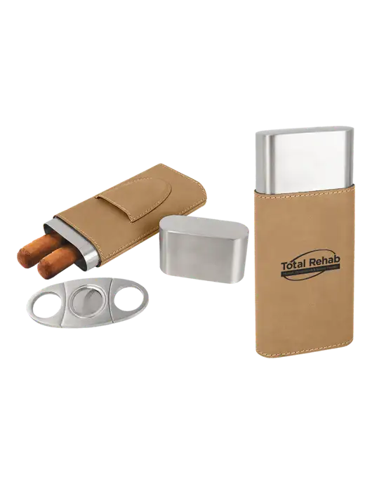 Tan Leatherette Cigar Case with Cutter w/Total Rehab Logo