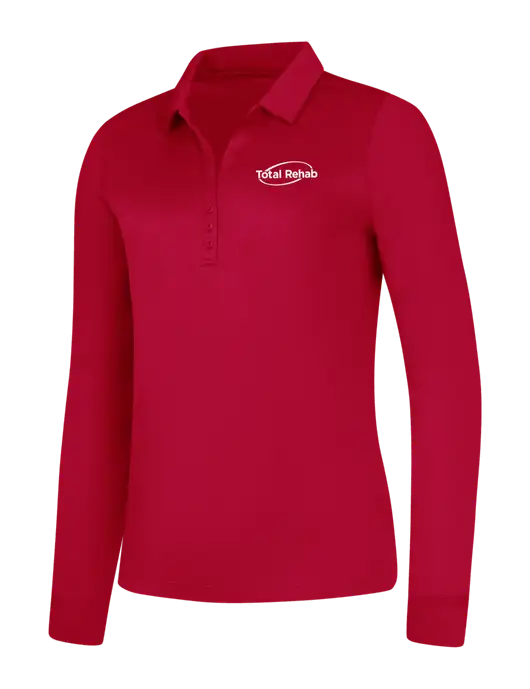 Womens Red Silk Touch Performance Long Sleeve Polo w/Total Rehab Logo