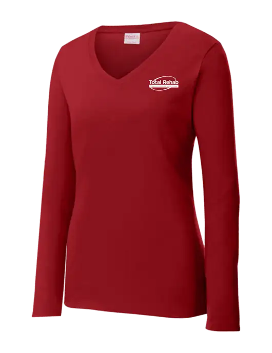 Womens V-Neck Ring Spun Cardinal 4.5 oz Long Sleeve T-Shirt w/Total Rehab Logo