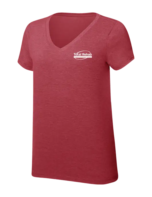Womens Simply Soft V-Neck Red Frost 4.5oz  Poly/Combed Ring Spun Cotton T-Shirt w/Total Rehab Logo