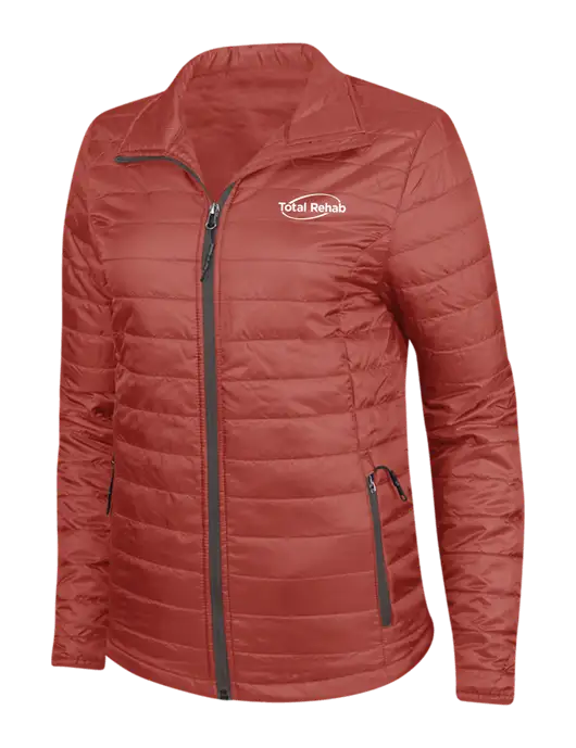 Dark Red Womens Puffy Packable Jacket w/Total Rehab Logo