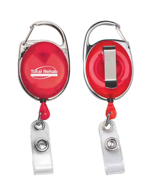 Red Carabiner Style Badge Reel and Badge Holder w/Total Rehab Logo