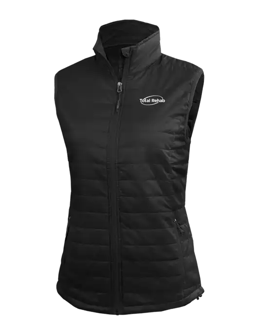 Womens Packable Black Puffy Vest w/Total Rehab Logo