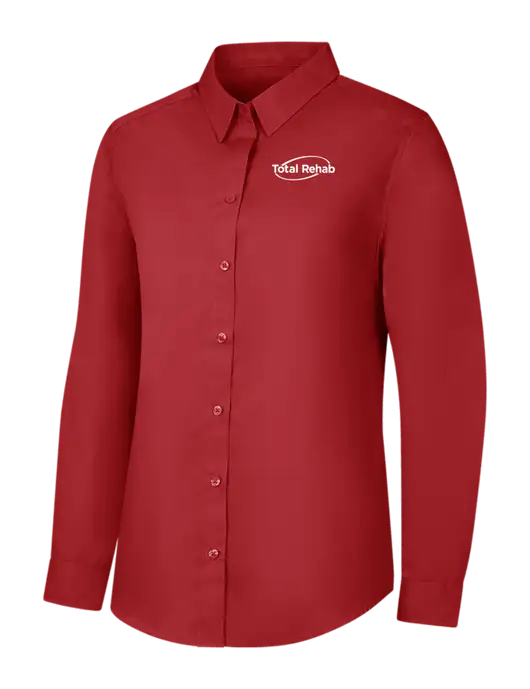 Womens Rich Red  Long Sleeve Carefree Poplin Shirt w/Total Rehab Logo