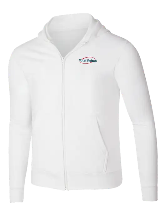 White 8.5 oz Ring Spun Zip Hooded Sweatshirt w/Total Rehab Logo