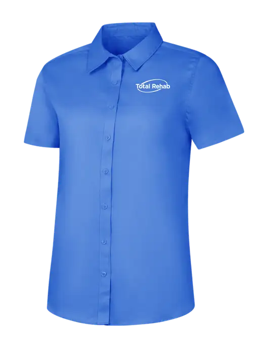 Womens Dark Carolina Blue Short Sleeve Superpro React Twill Shirt w/Total Rehab Logo