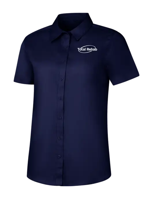 Womens Navy Short Sleeve Superpro React Twill Shirt w/Total Rehab Logo