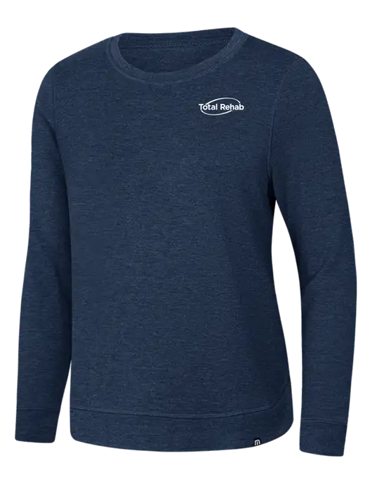 TravisMathew Womens Dark Slate Blue Heather Lightweight Long Weekend Crew w/Total Rehab Logo