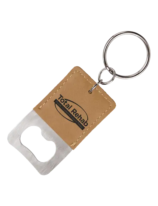 Tan Leatherette Rectangle Bottle Opener Keychain w/Total Rehab Logo