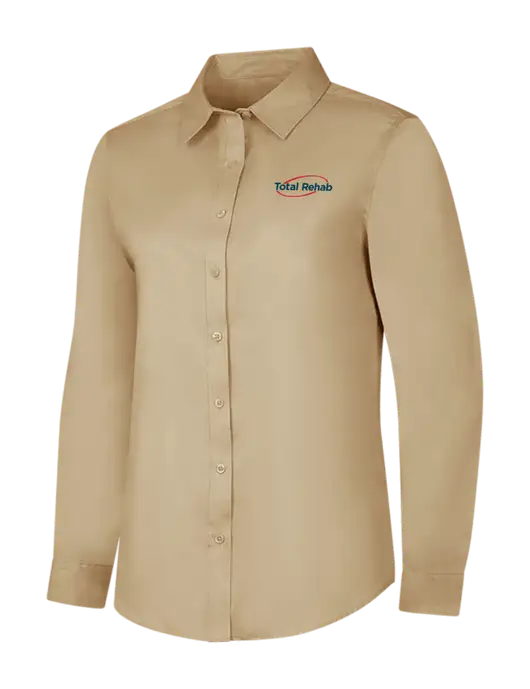 Dark Tan Womens Long Sleeve Superpro React Twill Shirt w/Total Rehab Logo