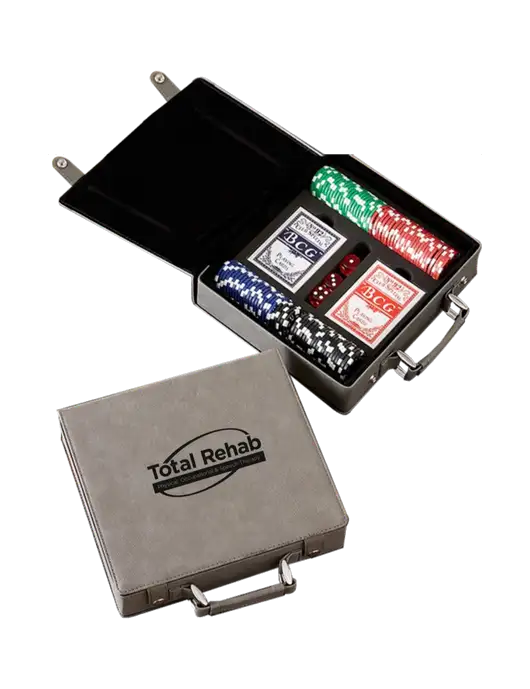 Grey Leatherette 100 Chip Poker Set w/Total Rehab Logo