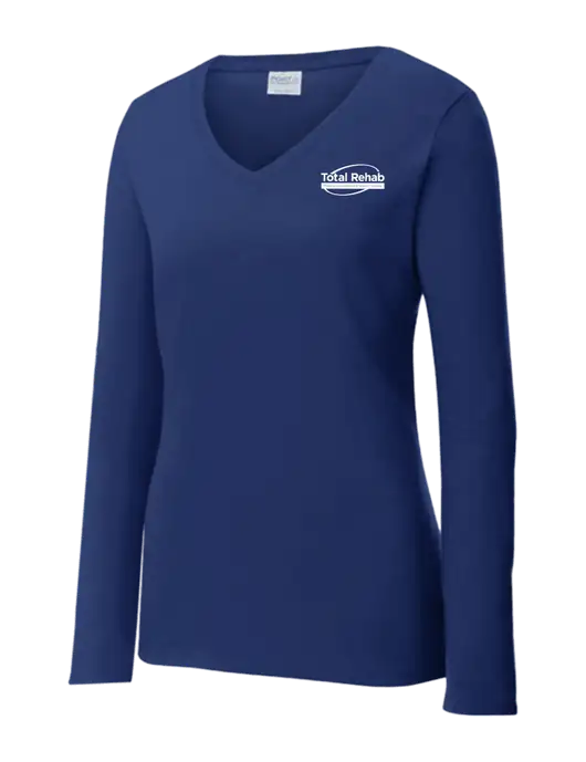 Womens  V-Neck Ring Spun Navy 4.5 oz Long Sleeve T-Shirt w/Total Rehab Logo