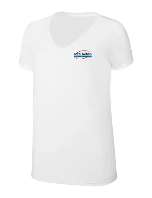 Womens Simply Soft V-Neck White 4.5oz  Poly/Combed Ring Spun Cotton T-Shirt w/Total Rehab Logo