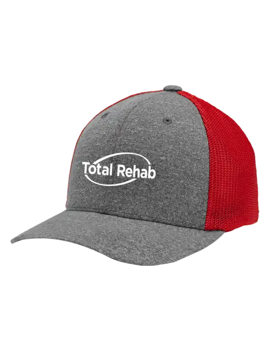 Flexfit Red/Medium Grey Heather Melange Mesh Back Trucker Cap w/Total Rehab Logo