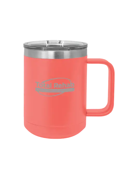 Polar Camel 15 oz Powder Coated Coral Vacuum Insulated Mug with Slider Lid w/Total Rehab Logo