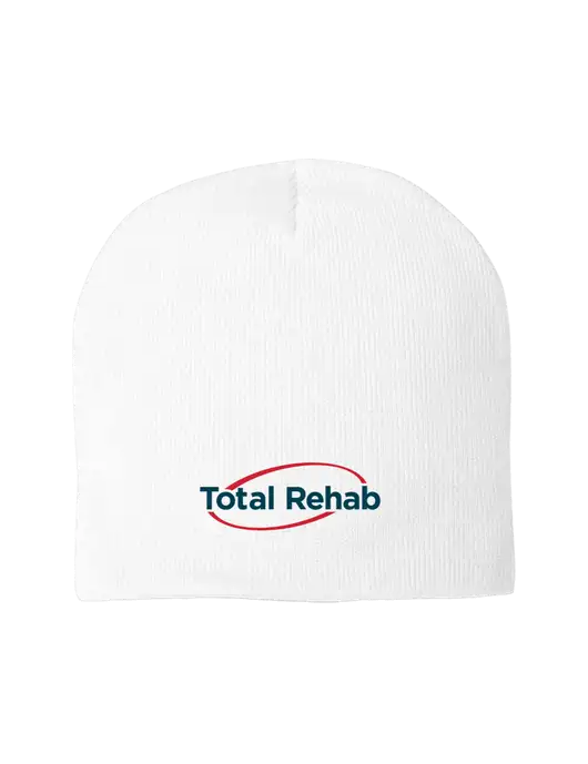Solid White Element Knit Beanie w/Total Rehab Logo
