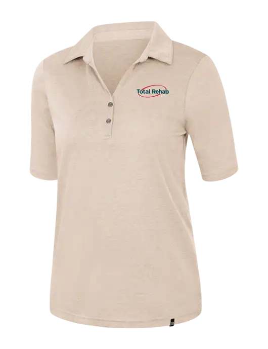 TravisMathew Womens Light Tan Heather Sunsetters Polo w/Total Rehab Logo
