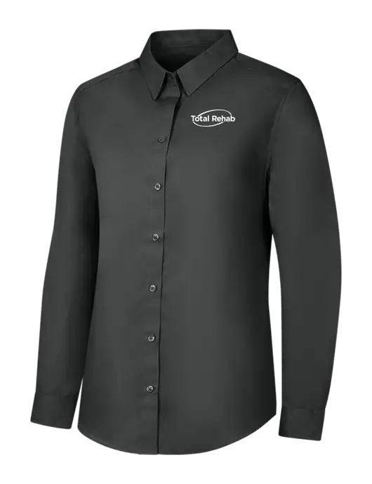 Womens Dark Grey Long Sleeve Carefree Poplin Shirt w/Total Rehab Logo