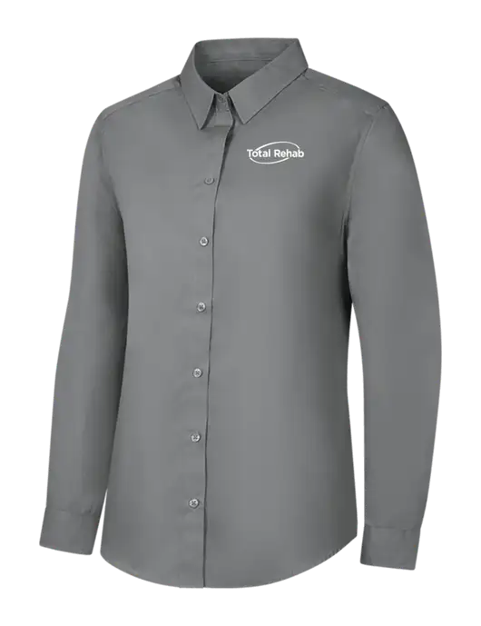 Womens Medium Grey Long Sleeve Carefree Poplin Shirt w/Total Rehab Logo