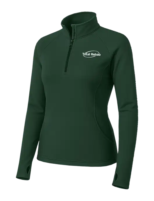 Dark Green Womens Sport Wick Stretch 1/4 Zip Pullover w/Total Rehab Logo