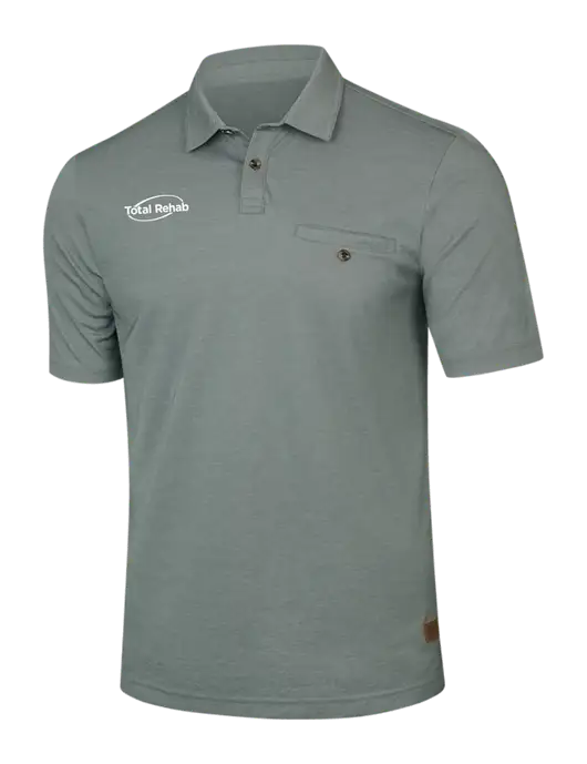 TravisMathew Dark Green Heather Sunsetters Pocket Polo w/Total Rehab Logo