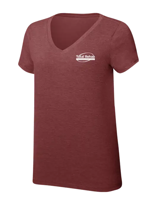 Womens Simply Soft V-Neck Maroon Frost 4.5oz  Poly/Combed Ring Spun Cotton T-Shirt w/Total Rehab Logo