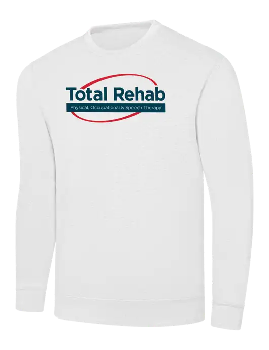 White 7.8 oz Ring Spun Crew Sweatshirt w/Total Rehab Logo