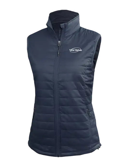 Womens Packable Navy Puffy Vest w/Total Rehab Logo