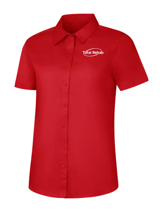 Womens Red Short Sleeve Superpro React Twill Shirt w/Total Rehab Logo