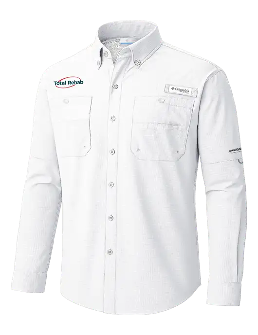 Columbia White PFG Tamiami II Long SleeveShirt w/Total Rehab Logo
