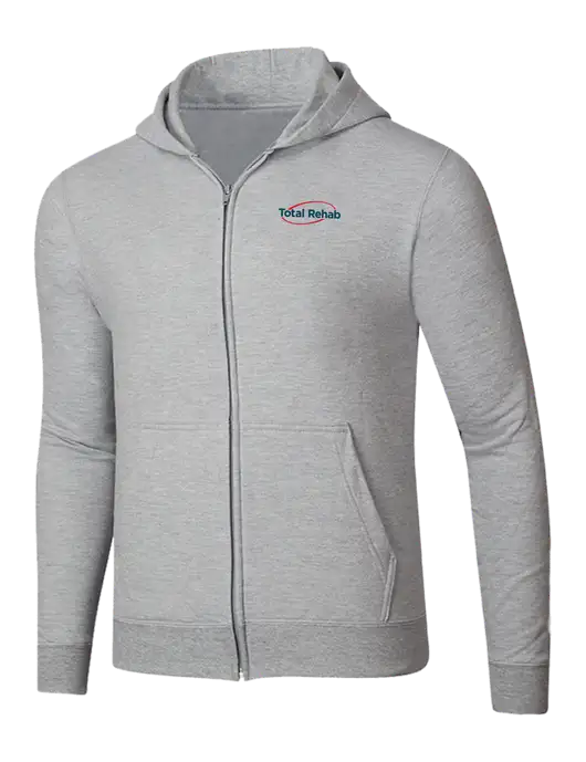 Light Grey Heather 8.5 oz Ring Spun Zip Hooded Sweatshirt w/Total Rehab Logo