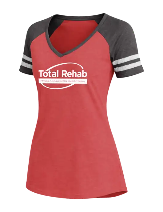 Womens Red Heather/Charcoal Heather V-Neck Game Tee w/Total Rehab Logo