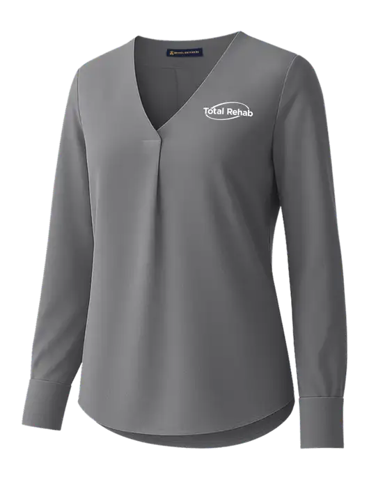 Brooks Brothers Womens Medium Grey Open-Neck Satin Blouse  w/Total Rehab Logo