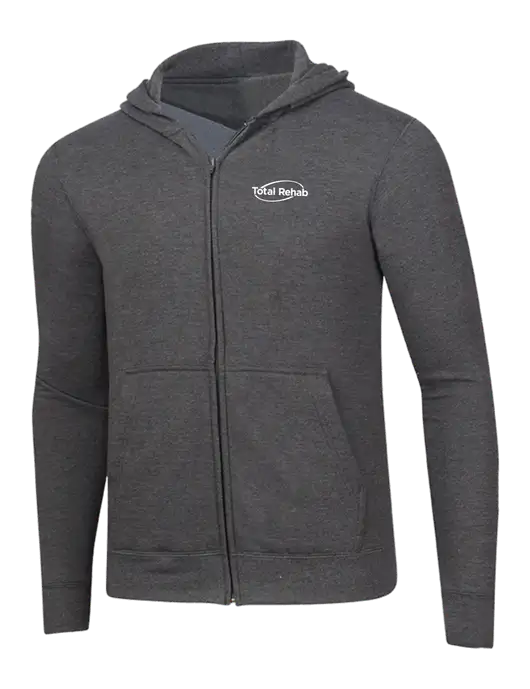 Dark Heather Grey 8.5 oz Ring Spun Zip Hooded Sweatshirt w/Total Rehab Logo