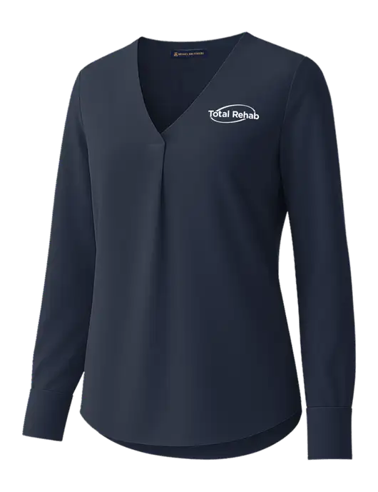 Brooks Brothers Womens Dark Navy Open-Neck Satin Blouse  w/Total Rehab Logo