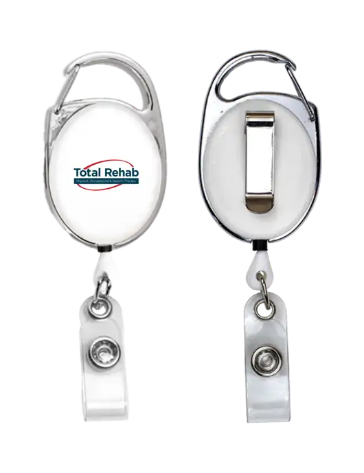 White Carabiner Style Badge Reel and Badge Holder w/Total Rehab Logo
