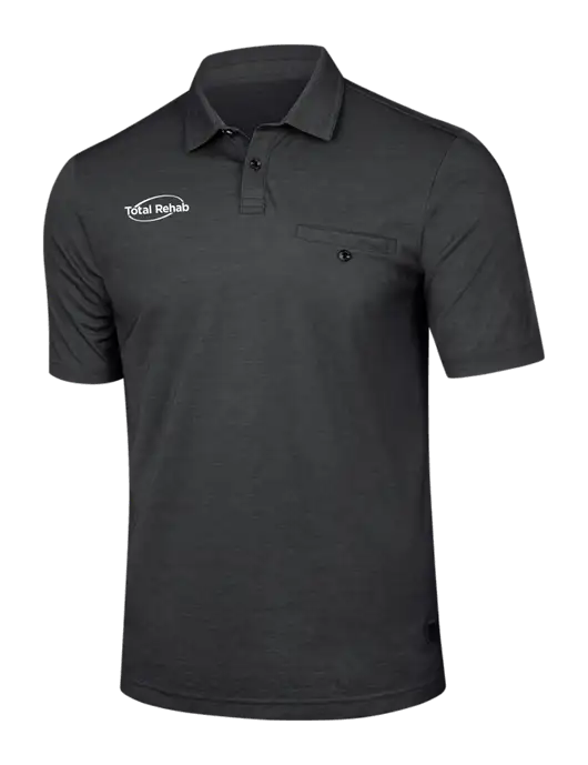 TravisMathew Black Heather Sunsetters Pocket Polo w/Total Rehab Logo