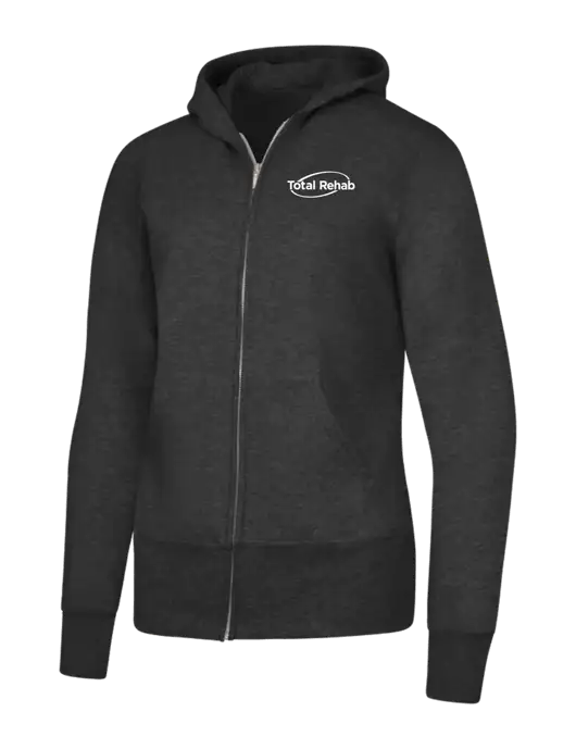 Dark Heather Grey Womens Core Fleece Full-Zip Hooded Sweatshirt w/Total Rehab Logo